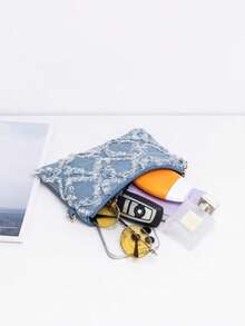 女士牛仔单肩包、钻石纹手机壳、百搭女士手提包、刺绣女士包、手机和零钱包 - 藍色 - 查看 5