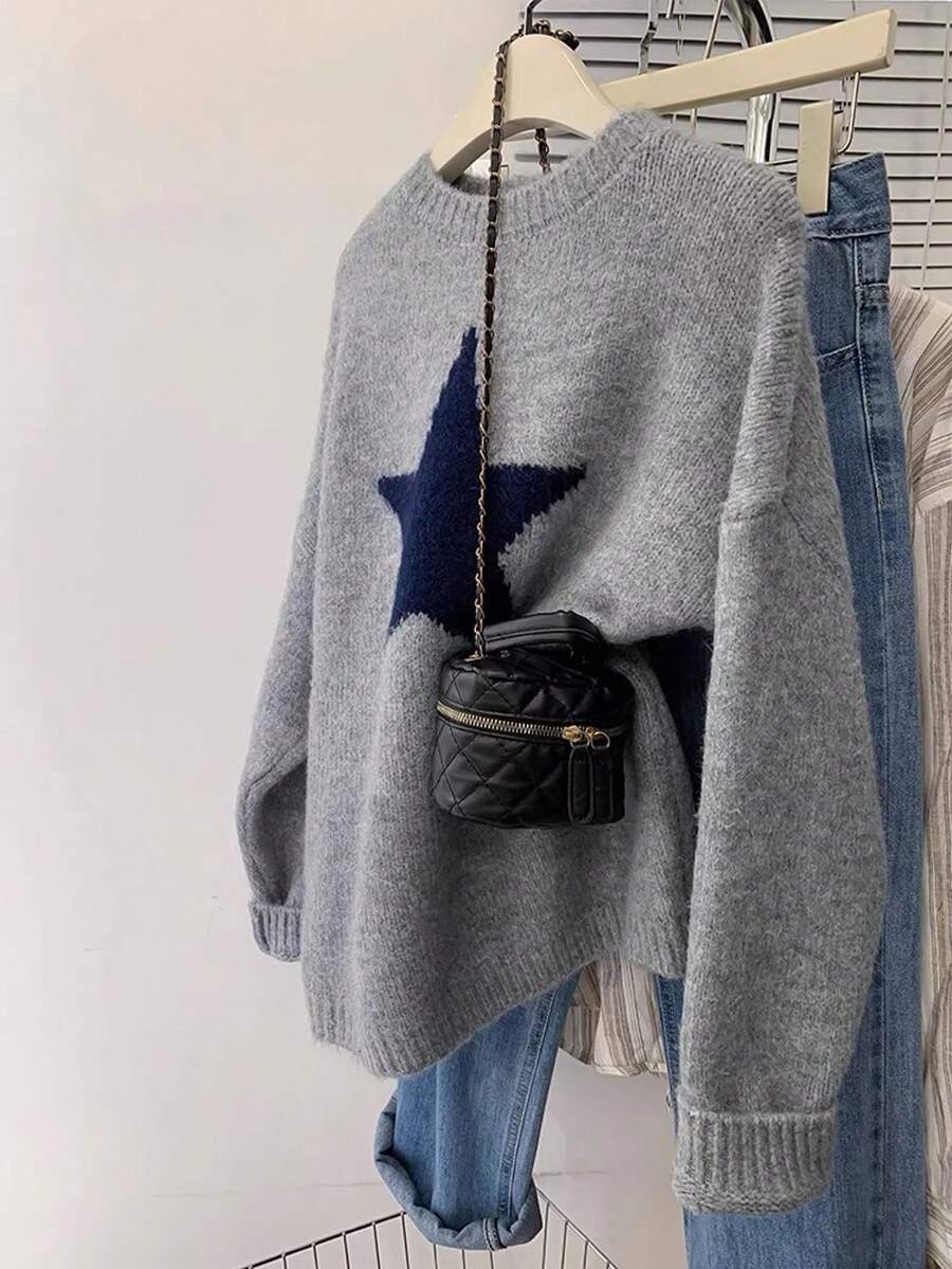 Vestido de fiesta de otoño e invierno de la edición coreana suelta de Vera Lane, blusa de lana con estampado de pentágono negro de unicolor casual para mujer, nueva ropa de invierno, ropa de Año Nuevo y ropa de Acción de Gracias para mujer