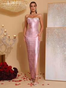 Modphy Đầm maxi cúp ngực, xẻ cao đến đùi, đính đá lấp lánh, thích hợp làm đầm phù dâu cho đám cưới và tiệc tùng. - Hồng - Xem 1