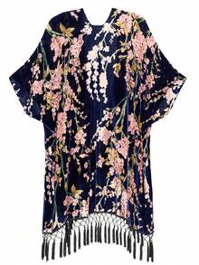 Easter Gift Burnout Velvet Kimono Cardigan For Women With Tassels, Elegant Flower Pattern, Swimsuit Cover-Up, Navy Blue, 1 Size Fits All - 藍色 - 查看 2