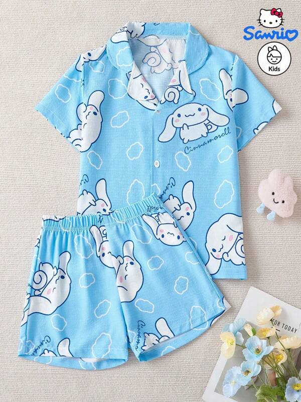 Sanrio Two Pieces Sweet, Cute, And Fashionable Blue Home Outfit For Girls, Authorized By Sanrio With Big Ear Dog Print Button Up Cardigan Top And Shorts, Suitable For Home Wear, The Perfect Gift For Daughters
