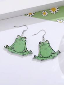 1 对卡通动物图案女士耳环，可爱瑜伽冥想青蛙吊坠耳环，亚克力可爱动物耳环礼物 - 綠色 - 查看 2