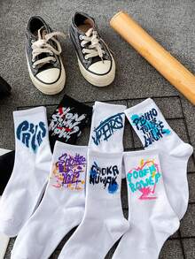 5/10 双涂鸦风格男女款中筒袜。独特时尚的街头风格袜子。适合日常穿着。秋季袜子 - 彩色 - 查看 3