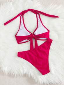 Bộ bikini 2 mảnh thanh lịch mới mùa hè 2026 dành cho nữ, thích hợp cho kỳ nghỉ hè, lễ tình nhân, lễ hội âm nhạc, đồ bơi liền thân màu trơn co giãn. - Màu Hồng Tươi - Xem 3