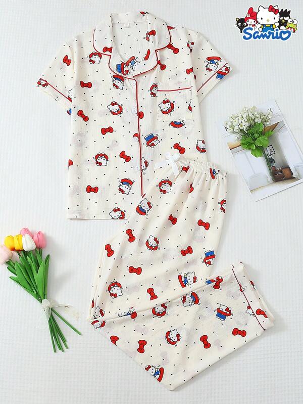 Sanrio 2 pièces/Set vêtements de détente officiellement sous licence femme, Top à col polo à manches courtes avec poche et pantalon à nœud papillon, motif de petits points Sanrio Hello chat, pour le printemps/été, usage domestique