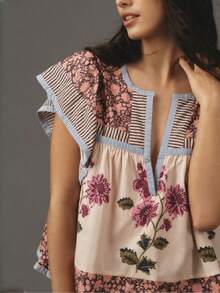 Women Y2K Floral Patchwork Fly Sleeve T Shirts V Neck Loose Fit Striped Trim Vest Shirts Summer Casual Going Out Tank Tops Party Streetwear - 彩色 - 查看 3