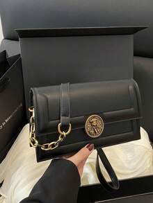 Fashion Solid Color Retro Metal Lock Baguette Bag, Simple Flap Underarm Ladies Shoulder Bag - Black - View 6