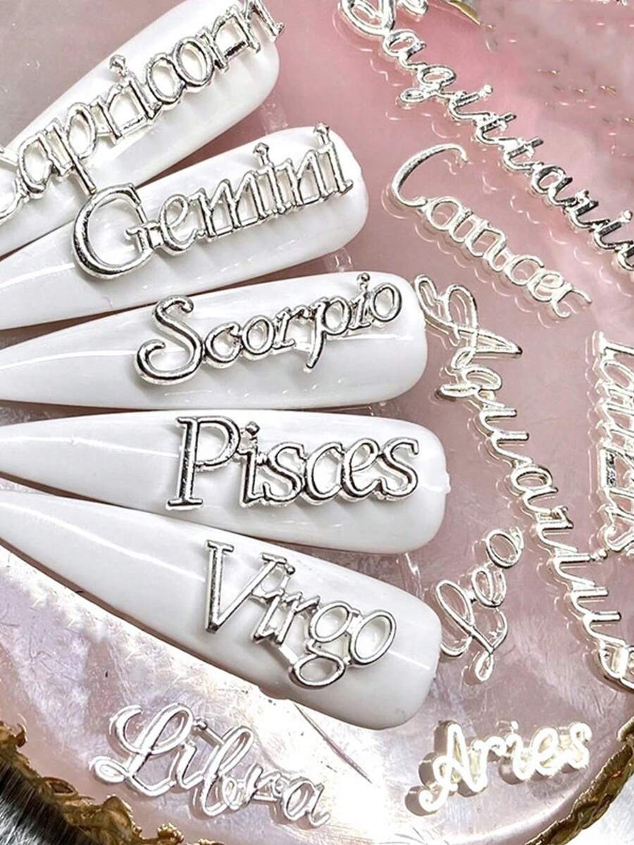 12Pcs 12 Zodiac Alphabet Symbol Gold/Silver Constellation Nail Charm 3D Alloy Flatback Diy Jewelry Nail Accessories Nail Supplies Nails Nail Charms Nail Gems - Multicolor - View 1