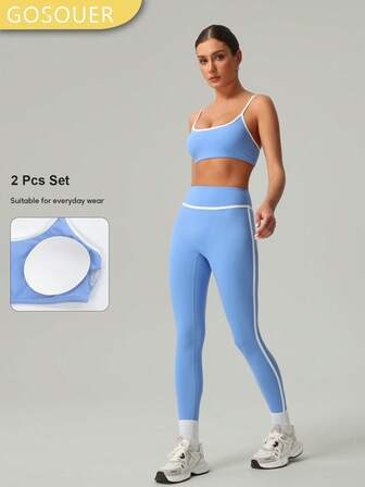 GOSOUER 2 PCS CO Ord Set Spring And Summer Women Fashion White Line Yoga Sports Bra And Legging