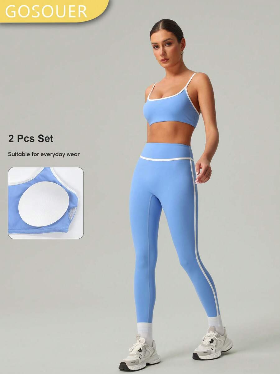 2 PCS CO Ord Set Spring And Summer Women Fashion White Line Yoga Sports Bra And Legging - Blue - View 1