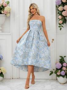 Women's Luxurious Metallic Gold Floral Jacquard Strapless Party Dress, Elegant Formal Evening Gown Suitable For Weddings, Graduations, Parties, With Detachable Transparent Shoulder Strap
