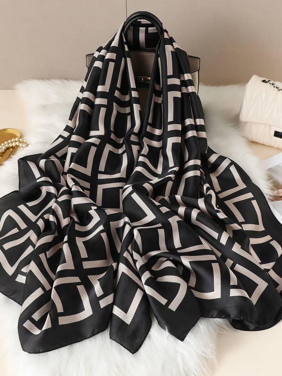 1pc Geometric Pattern Printed Elegant Faux Silk Scarf, Women Shawl Wrap For Beach, Vacation, Sunscreen, Fashion Versatile Headscarf - Black and White - View 1