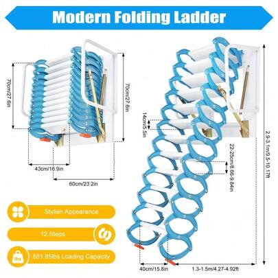 12 Steps Wall-Mounted Folding Attic Ladder, Stylish Blue & White Design, 400kg Capacity, Easy Installation, Space-Saving Solution For Attics & Garages