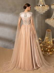 Faeriesty Faeriesty Luxurious Beaded Sequin Evening Gown – Plunging V-Neck With Bold Crystal Beading & Sheer Tulle Cape, Fluid A-Line Silhouette For Red Carpet Galas, Prom & Black Tie Affairs