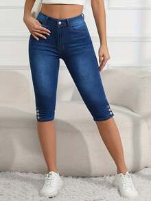 Womens Summer High Waist Tight Fit Stretch Jogger Pants With Pocket Decorative Button Details Stylish Womens Denim Pants - Rửa trung bình - Xem 2