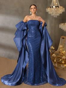 Faeriesty 奢华无肩带串珠晚礼服，飘逸披肩袖，闪耀动人，适合盛大晚宴、首映礼、婚礼等场合，尽显优雅气质。 - 藏蓝色 - 查看 4