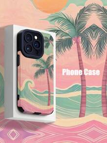1 Stück süßer rosa & grüner Wellen & Palmen gestreifter Kunstleder schockfester weicher Handyhülle kompatibel mit iPhone 16/16 Plus/16 Pro/16 Pro Max