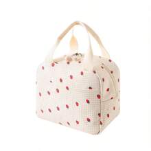 1pc Strawberry Print Corduroy Insulated Lunch Bag, Waterproof Carry Tote Bag For Students & Office Workers, Cute Meal Cooler Bag