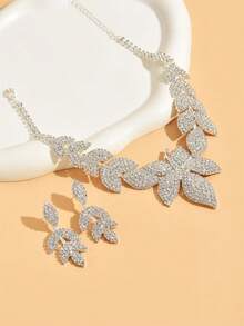 新娘全套水钻项链和耳环套装，夸张优雅简约项链，百搭正装 - 銀白色 - 查看 13