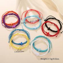 10pcs/Set Adjustable Braided Wax Cord Bracelet Anklet With Cross Charm, Colorful Set For Beach/Surfing