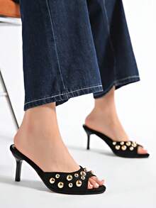 SHEIN ICON Black Rivet Decor High Heel Sandals, Women 2025 New Fashion Elegant Versatile Stiletto Slip-On Mules - Black - View 12