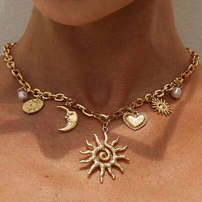 1pc Fashionable Retro Punk Sun, Heart, Moon Mixed Pendant Necklace With Faux Pearl, Suitable For Party, Daily Wear, Gatherings, Women's Gift