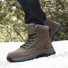 Men's Thermal-Lined Anti-Slip Snow Boots, Comfortable Round Toe Thick Sole Hiking Shoes, Casual Versatile Winter Leather Boots - Khaki - View 8