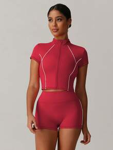 MASKERT "Bộ 2 món" Bộ đồ nữ, Bộ đồ thể thao, Áo khoác tay ngắn, Bộ đồ hai mảnh, Ôm sát, Chạy bộ, Tập thể dục, Bộ đồ tập thể dục, Bộ đồ yoga, Đi làm ở nhà, Giải trí, Thoải mái, Thân thiện với da - Đỏ - Xem 4