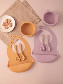 PopLittleOne 4PCS Baby Silicone Dinner Set Adjustable Bib Cartoon Bear Bowl Solid Color Spoon Fork Feeding Learning Baby Tableware - Multicolor - View 3