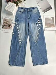 女式水洗牛仔直筒牛仔裤，带系带装饰，秋季