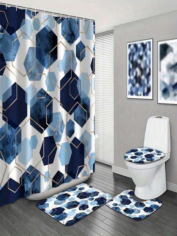 1/3/4 Pieces Blue Shower Curtain Set Bathroom Set Modern Art Geometric Navy Blue Bathroom Curtain Set With 12 Hooks Bathroom Carpet Bathroom Carpet And Toilet Mat Summer Bathroom Decor Bathroom Accessories