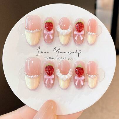 10片/套 手工短款按压式美甲贴片，夏季海滩风假指甲，时尚长椭圆形、草莓形、杏仁形、法式美甲，可重复使用，适合教师、学生、办公室、旅行、优雅商务休闲美甲用品 手工按压式美甲贴片