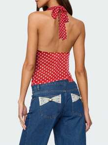 Women Y2k Polka Dot Halter Tank Top Sleeveless Deep V Neck Low Cut Back Tie Up Camisole Crop Tops Summer Backless Slim Fit Vests Shirts Cute Going Out Tops Club Party Streetwear  - 紅色 - 查看 3