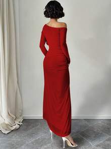 Ween Lady Sexy Slit Off Shoulder Dress - Red - View 4