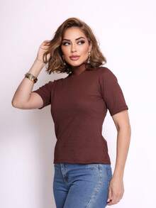 Kit 2 Blusas Feminina Gola Alta Manga Longa e Manga Curta Moda Elegante Ribana - Marrom - Visão 7