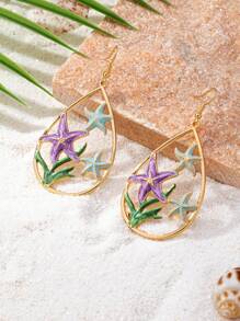 2pcs Metallic Colorful Oil Drip Starfish Drop Earrings, Suitable For Women Daily And Beach Wear
