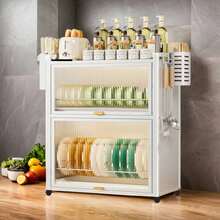 Stainless Steel Kitchen Dish Drying Rack Cabinet With Foldable Shelf, Adjustable Drainer & Dust-Proof Door - White - View 3