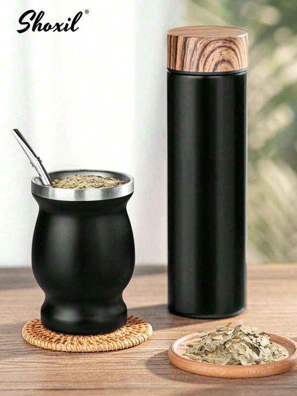 shoxil 1/2 Stücke Yerba Mate Set - Doppelwandiger Edelstahl Mate Becher & mit Bombilla Strohhalm & Bürste | Komplettes Tee/Kaffee Set für Camping, Büro & Zuhause Gebrauch