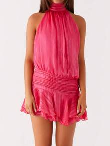 Women Summer Mini Halter Neck Dress Pleated Sleeveless Open Back A-Line Layered Ruffle Short Dress - Red Violet - View 4