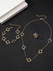 1 Set Geometric Hollow Quatrefoil Chain Necklace, Bracelet, Ring Men Jewelry Set, Holiday & Daily Gift