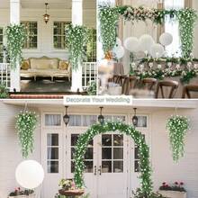 1/25 人造垂吊植物，仿真蔓生植物，盆栽绿植，仿桉树，飘香藤盆栽，适合室内/室外装饰，例如家居花园、婚礼、派对，抗紫外线，绿化效果好，人造装饰叶，热带植物叶，适用于婚礼、花园、庭院、窗台花箱、农舍装饰、仿真绿植、情人节派对装饰、情人节礼物 - 白色 - 查看 4