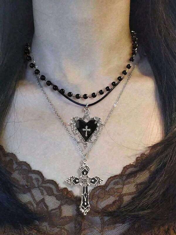 Set de 3 collares con estilo gótico vintage, con perlas negras, flores, corazón y cruz, set de joyas de collaresen estilo Y2K para mujeres