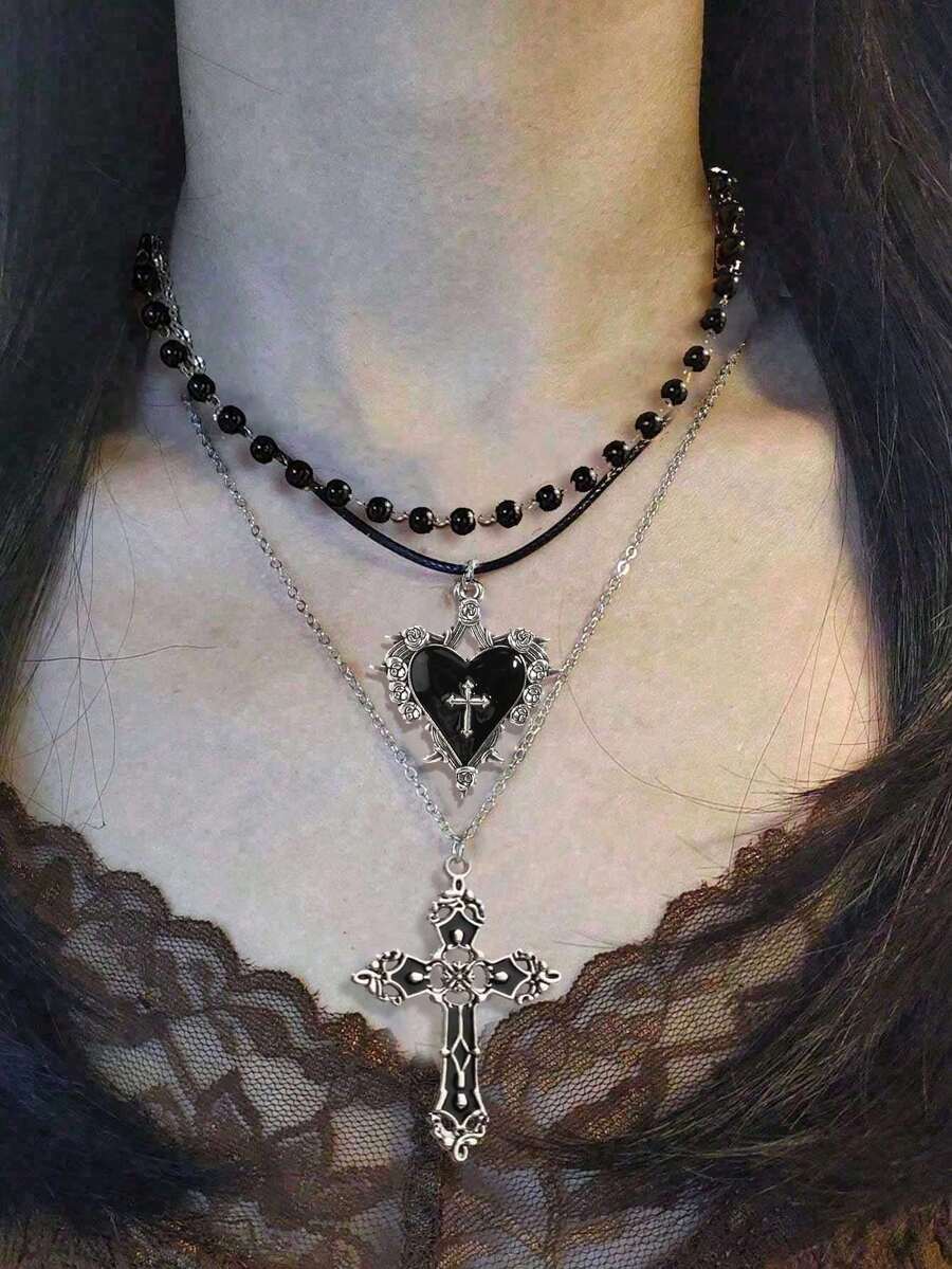 Bộ 3 dây chuyền trái tim hoa ngọc trai đen phong cách Gothic cổ điển, bộ trang sức dây chuyền Y2K dành cho phụ nữ - màu đen - Xem 1