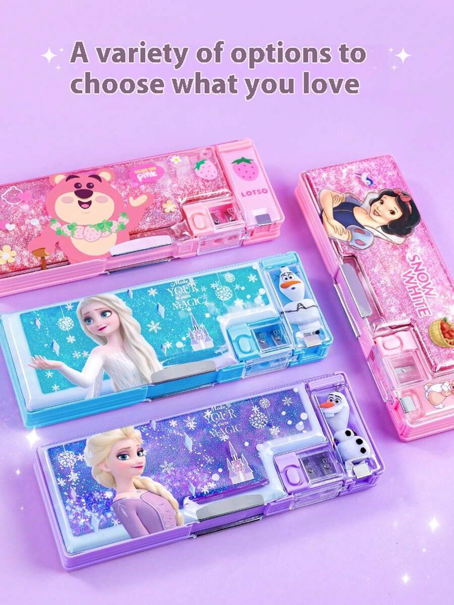 Disney 液体闪光文具盒，艾尔莎学生多功能塑料自动铅笔盒，双层铅笔袋，返校季 - A - 查看 1