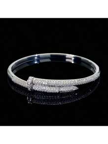 1pc Fashion Personalized Nail Bangle Bracelet For Women, Inlaid Synthetic Zirconia, Elegant Minimalist Style, Versatile Daily Accessory, Hot Selling
