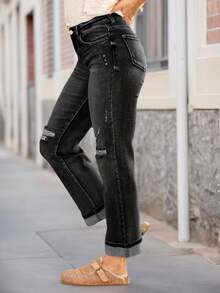 Women's Stretch Jeans, Distressed Black - Slim Fit With Distressed Detail, Comfortable Fabric, Suitable For Leisure And Sports, Hand Washable, Spring And Fall Clothing | Distressed Detail Jeans - 黑色 - 查看 4