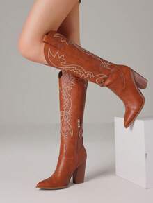 Knee High Cowboy Boots For Women Pointed Toe Chunky High Heels Pull-On Embroidered Boots Western Boots Wide Calf Cowgirl Boots - 棕色 - 查看 1