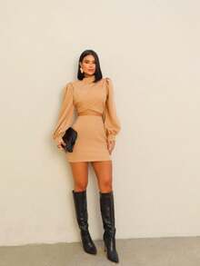 Women's Tailored Set Cropped Long Puff Sleeve And Short Skirt Elegant Party Fashion Autumn Winter S(36/38) M(38/40) G(40/42) Non-Elastic Fabric - 裸色/米色 - 查看 2