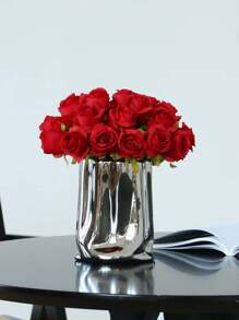 12 Pcs, 26.5cm/10.4 Inch, Red Rose Flower Artificial Bouquet, Fake Flower Home Decor Arrangement. Stems Are Bendable With Wire. Suitable For Kitchen, Office, Bathroom, Dining Table, Coffee Table, As Well As Wedding And Engagement Decoration.