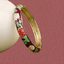 Cloisonne Floral Open Cuff Bracelet, Oil Drop Alloy Bangles, Gifts For All, Various Sizes Available - Enamel Cloisonné Bracelet With Peony Pattern - View 5
